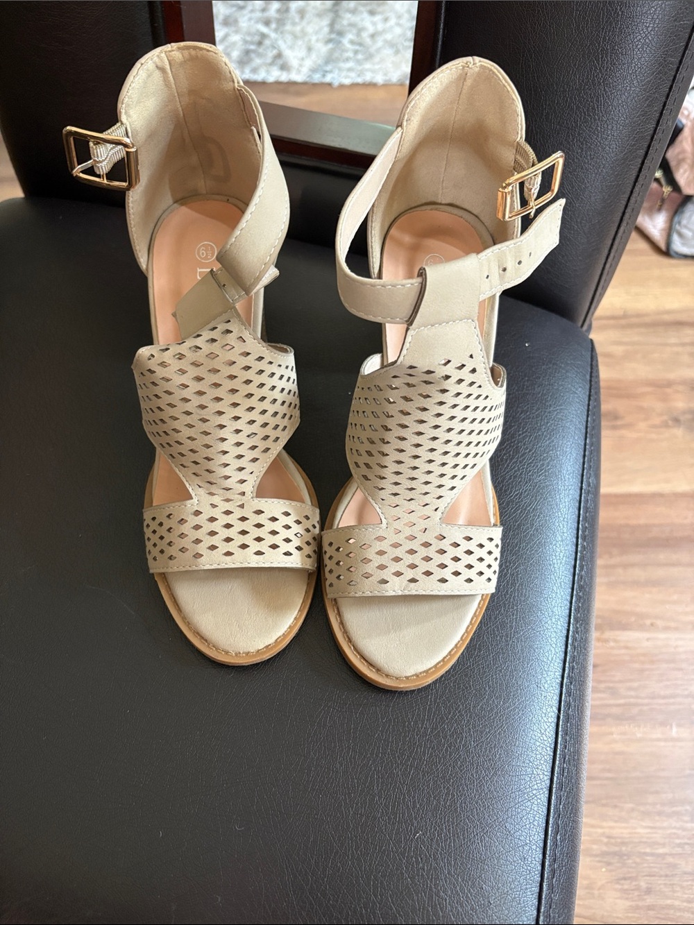 Perforated Ankle-Strap Heels in Light Beige